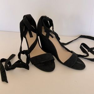 Black suede lace up wedge sandals